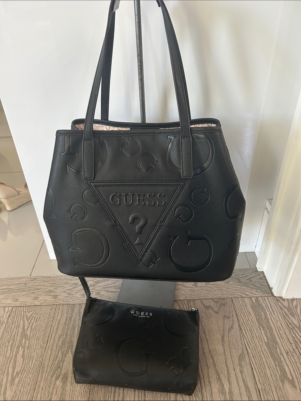 Guess Black Embossed Logo Tote with Matching Pouch